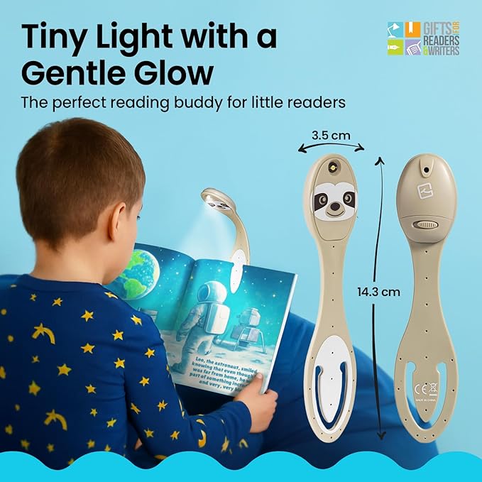Gifts for Readers & Writers Book Light, Clip On Reading Light for Bed, 2in1 Flexilight & Bookmark, Small & Lightweight with a Soft Glow, 2 Batteries Included, Sloth