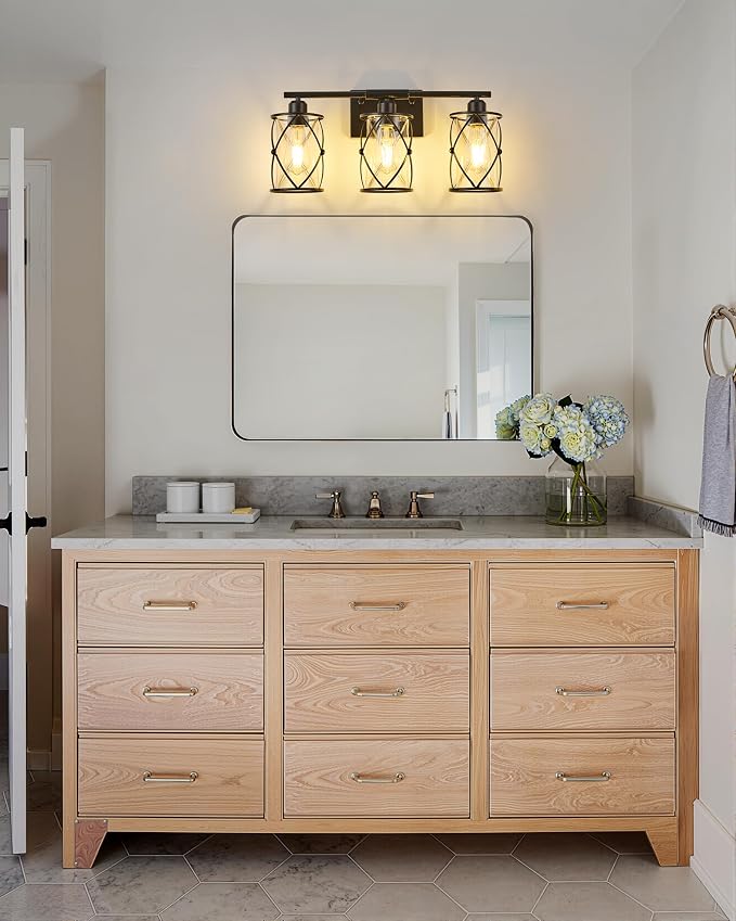 3-Light Black Bathroom Light Fixture, 21 Inch Modern Farmhouse Vanity Lighting Fixtures Over Mirror with Glass and Metal Cage, Wall Sconce Lights for Bath, Rust-Resistant, E26, CH9176BK-3W
