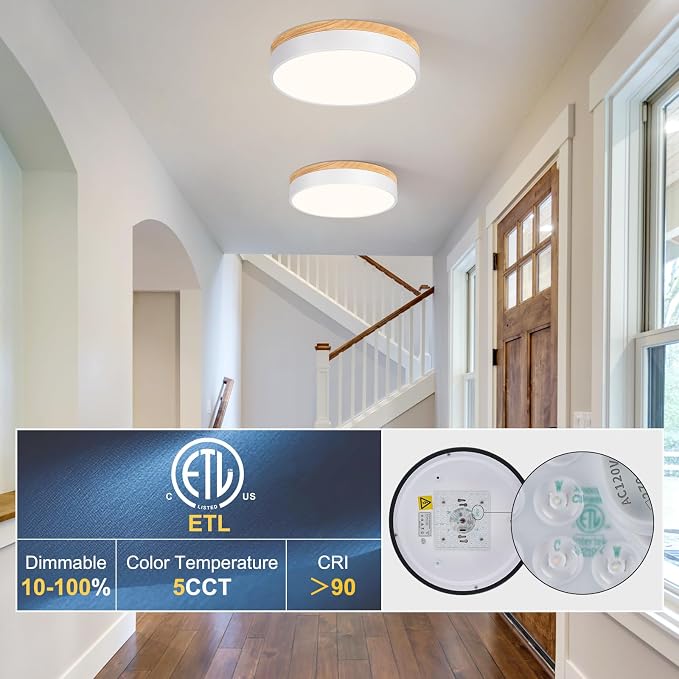 Yiisem Dimmable Wood LED Flush Mount Ceiling Light, White, 11.8 in | 5CCT 2700K-6000K Modern Close to Ceiling Lighting Fixtures, Round Ceiling Lamp for Bedroom, Kitchen, Hallway, Laundry Room