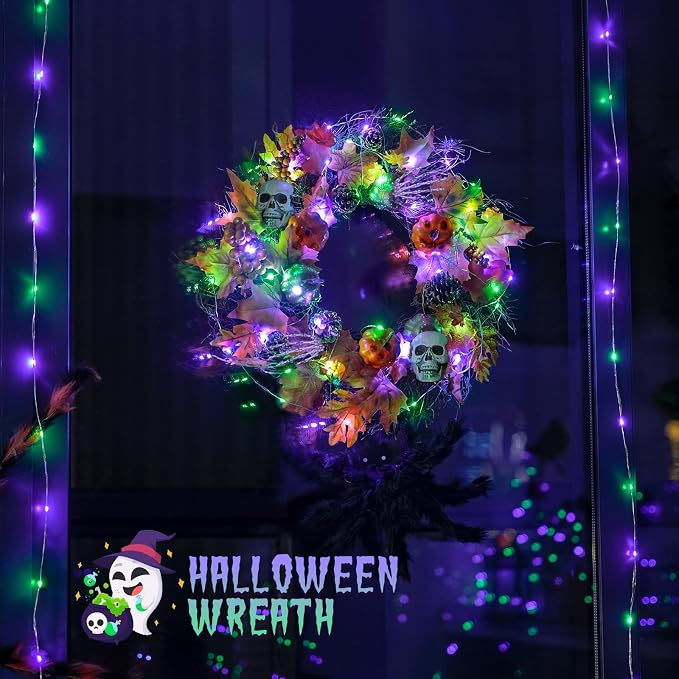 JMEXSUSS 2 Pack Purple and Green Halloween Fairy Lights Battery Operated | Total 200 LED 66ft, Remote Control, Waterproof 8 Modes Twinkle Lights for Fireplace Mantel Centerpiece Wreath Halloween Decor