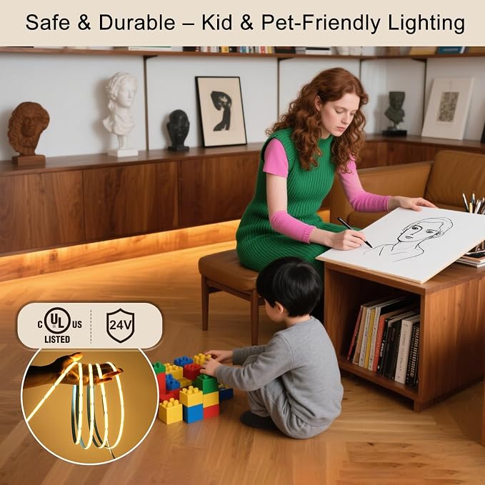 ZSLAIFU 24V COB LED Strip, LED Strip for Bedroom, 16.4FT Remote Control LED Strips, Warm LED Light Strip, COB Flexible Light for Bedroom Cabinet Vanity Mirror DIY Lighting