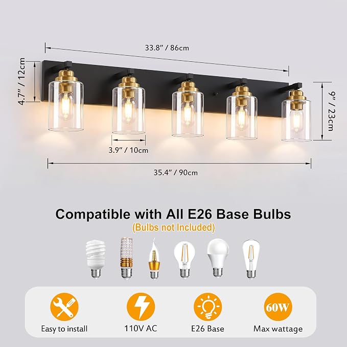 5-Light Black and Gold Bathroom Vanity Light, Clear Glass Shade | 35.4" Wall Mount Over Mirror Lighting Fixtures, Brushed Gold Finish, Durable Metal, Modern Farmhouse Style, for Bathroom