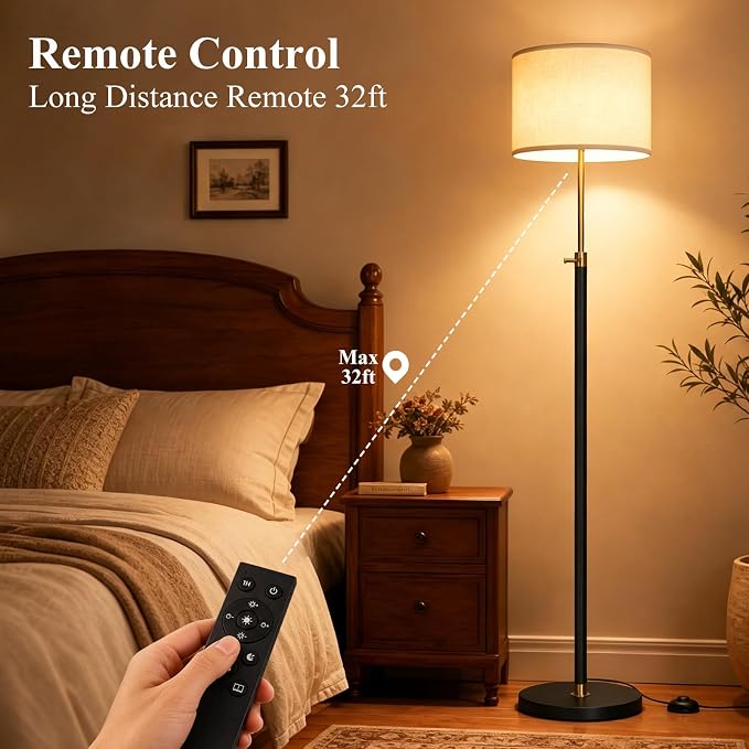 Floor Lamp Height Adjustable with Remote for Living Room and Bedroom Black | 55"- 67" Height Adjustable Black Standing Lamp with Dimmable 12W LED Bulb - Tall Stand Light with Shade for Corner Lighting