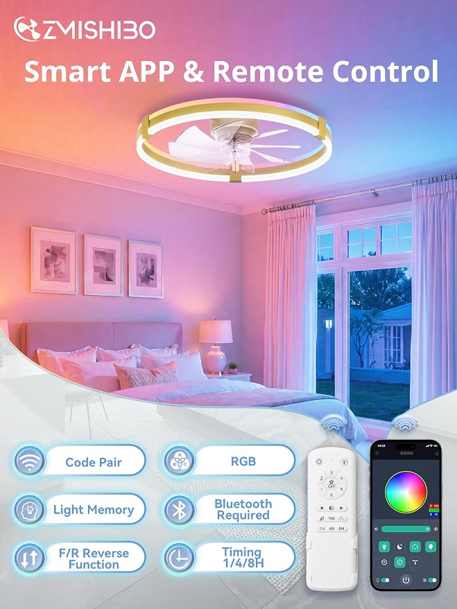 ZMISHIBO 23" RGB Low Profile Ceiling Fans with Lights and Remote, Gold | Custom RGB+3CCT Dimmable, 6 Speeds, Remote/App Control, Reversible DC Motor, Memory, Timer, Modern Fandelier for Kids/Bedroom