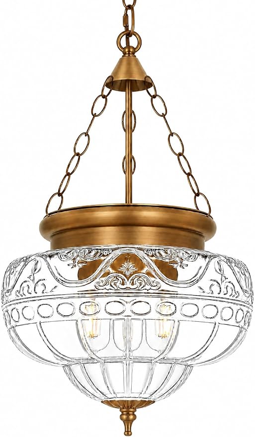 3-Light Brushed Antique Brass Pendant Light Fixtures with 12In Unique Thickened Glass, Vintage Pendant Lights Kitchen Island with Adjustable Chain, Hanging Light Fixtures for Entryway, E26*3