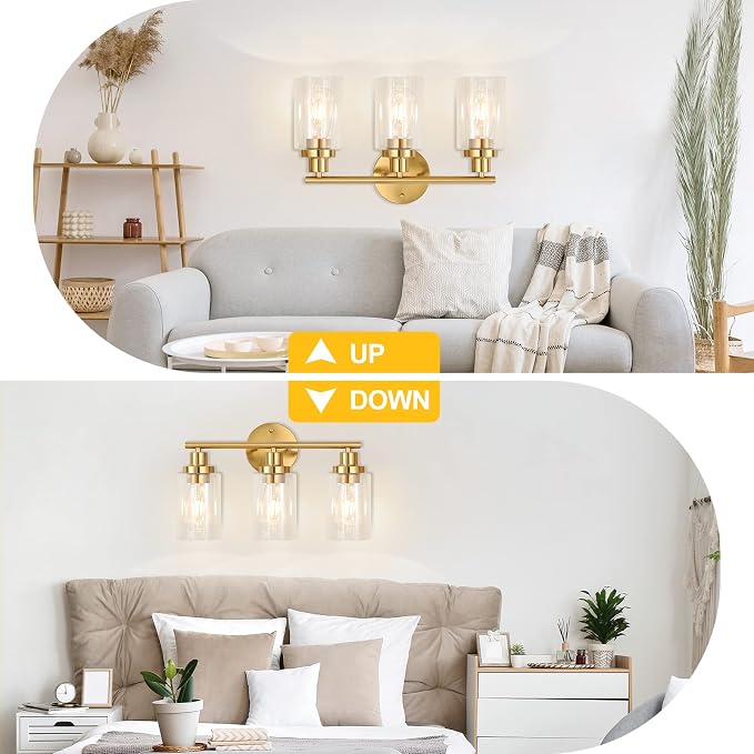 Brushed Brass Bathroom Wall Light Fixtures 3 Lights Vanity Wall Sconce with Clear Glass Shade Modern Farmhouse Wall Lamp for Bathroom Mirror Kitchen Living Room Workshop