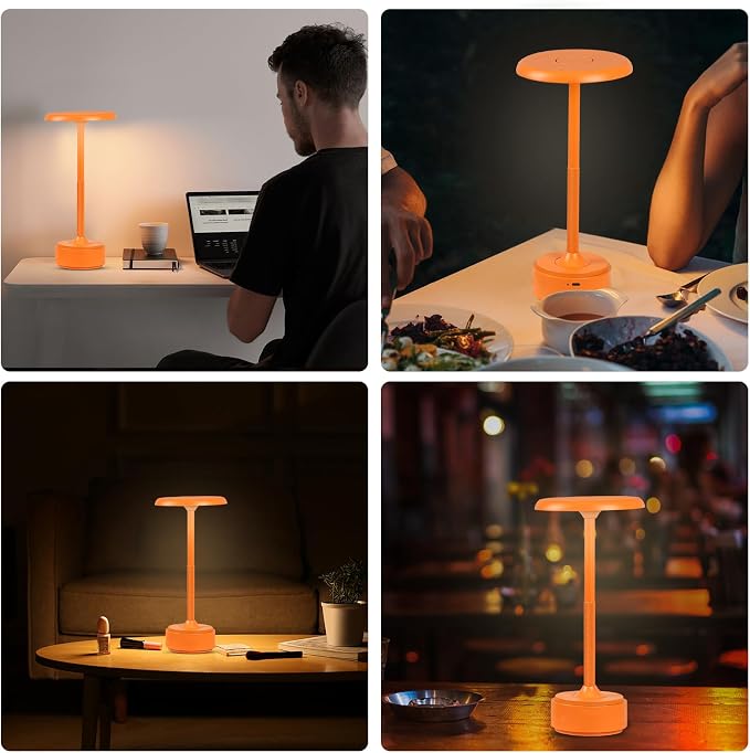 Cordless Rechargeable Modern Metal Table Lamp, Touch Dimming, 3-Color | Orange, 5200mAh Battery, Portable LED Desk Light, Touch Sensor, Suitable for Night Light/Restaurant/Night Stand/Coffee/Bar