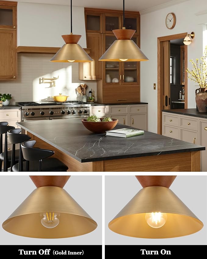 ELYONA Vintage Pendant Light for Kitchen Island, 10" Solid Wood Hanging Lamp with Brushed Brass Metal Shade & Gold Inner Finish, Mid Century Pendant Light Fixtures for Dining Room Bedroom Living Room