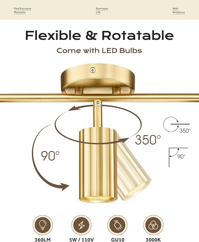 FEMILA Brushed Gold Track Lighting Fixtures Ceiling | 16.9" ribbed track light with 3 GU10 bulbs for kitchens, dining rooms and hallways