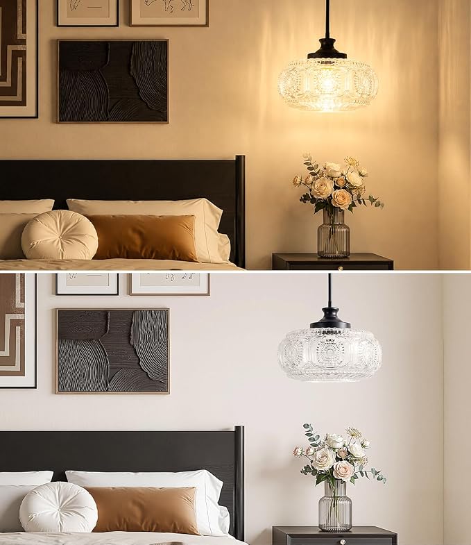 Semi Flush Mount Ceiling Light, Pendant Lights Kitchen Island | 12" Large Glass Shade, Modern Pendant Light Adjustable Hanging Light for Kitchen Island Dining Room Bedroom Hallway Bathroom