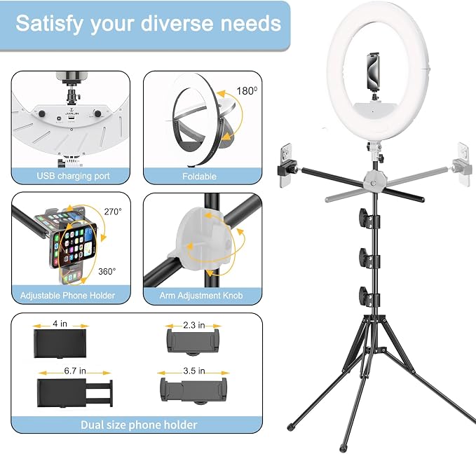 55W18 45cm Ring Light Kit [New Version] 6700K Dimmable LEDRinglightTripod Stand Dual Phone Holder for iPhone Selfie Makeup LashTattoo Studio Lighting Painting,Photo Video Recording (White)