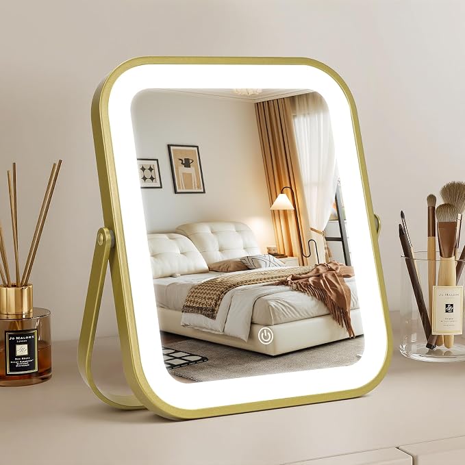Rechargeable Vanity Mirror with Lights, 10"×8" Makeup Mirror with Lights, 1500mAH Battery, Smart Touch with 3-Color Lighting, Dimmable, HD Desk Mirror, Travel Essentials, Women Gift (Gold)