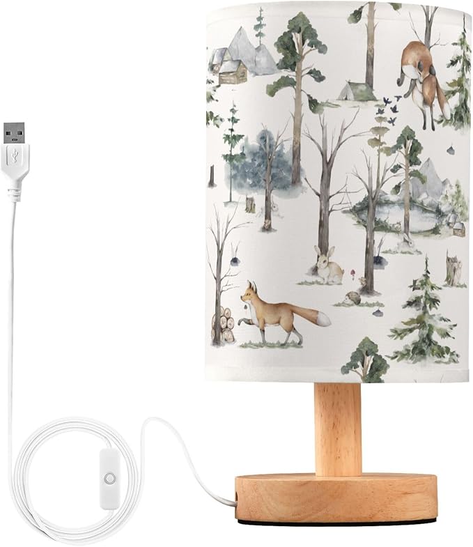Table Lamp Watercolor Woodland Animal Pattern Fox Rabbit Hedgehog Bird Nightstand Lamp with Wood Base Fabric Lamp Shade Bedside Desk Lamp for Living Room Bedroom Kids Room Office