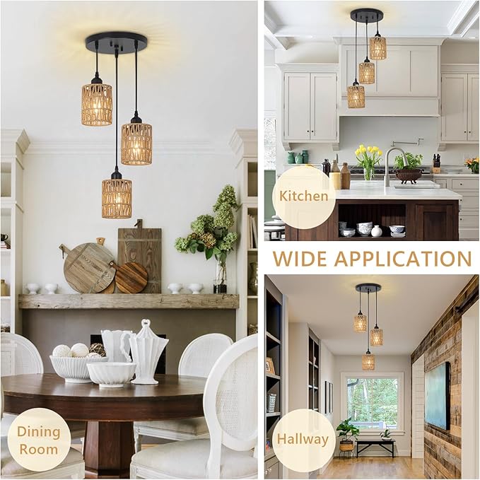 3 Lights Rattan Pendant Light, Farmhouse Dining Room Light Fixtures Ceiling Hanging, Boho Pendant Lighting with Hand Woven Wicker Shades for Kitchen Island Living Room Bedroom Foyer Hallway