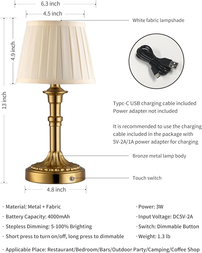 KDG Gold Cordless Table Lamps Set of 2, Beige Fabric Shade Small Desk Lamp | Portables 4000mAh Battery Powered, LED Lighting, 2700K Stepless Dimmable, Light for Living Room, Dining Room, Bedroom