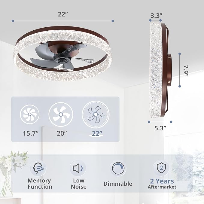 LEDIARY 22" Ceiling Fans with Lights and Remote, Fandelier Brown | 3CCT, 6 Speeds, Dimmable Low Profile, Flush Mount Ceiling Fan, Timer, Reversible, Memory, Bedroom, Living Room, Kitchen