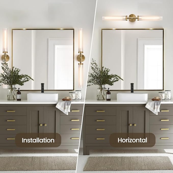 2Pc 30" Knurled Brass 2 Light Wall Sconces, Long Modern Hardwired Bathroom Vanity Light, Frosted Glass Tube Linear Wall Light Fixtures, for Mirror,Bedroom,Living Room,Hallway