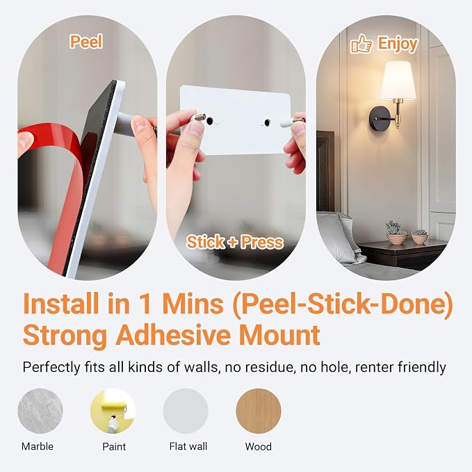 Peel and Stick Wall Sconces, Stick On Wall Sconce Set of 2, Battery Operated Wireless Adhesive Wall Lights, Corn Bulb with 10000mAh Battery, Easy Install for Bedroom Living Room Wall Decor