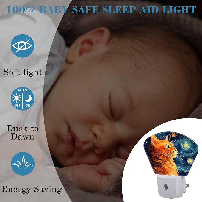 Cute Orange Cat Night Light for Kids, Starry Sky LED Night Light Plug into Wall with Dusk to Dawn Sensor for Girls Boys Women Men Bedroom, Hallway, Kitchen, Bathroom, Stairs Decor