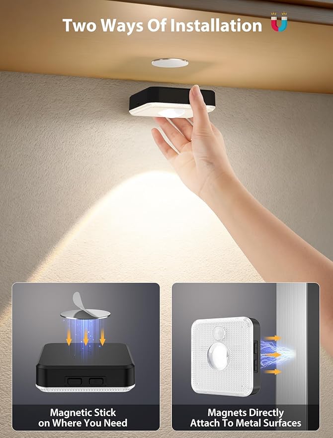 GBEAST 3 Pack Under Cabinet Lighting, Rechargeable Puck Lights with Remote, 3 Color Temps & 9 RGB Motion Sensor Cabinet Light, Magnetic Stick on Dimmable Closet Light for Kitchen Shelf Bedroom(Black)