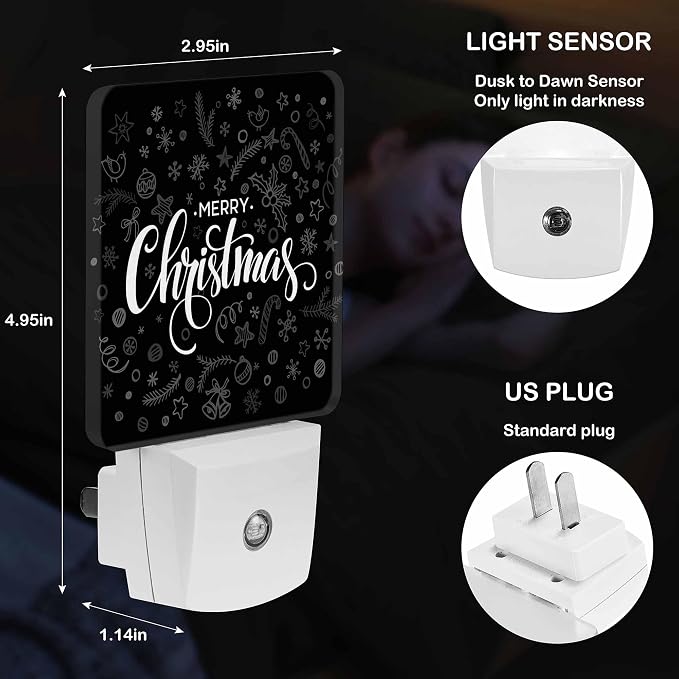 LED Night Light Lamp with Smart Sensor Dusk to Dawn Sensor,Happy Black Vintage Merry Christmas Night Light Daylight White,0.5W Plug-into Wall for Adults,Bedroom,Bathroom,Hallway,Kitchen