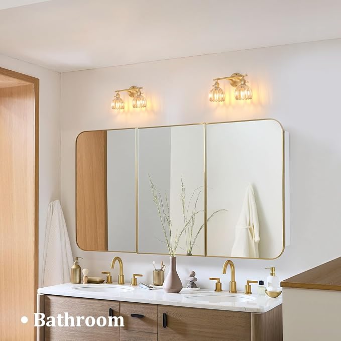 Bathroom Light Fixtures, 2-Light Brass Vanity wall Light Over Mirror with Amber Tulip Glass Shade for Bedroom Living Room (Bulb Not Included)