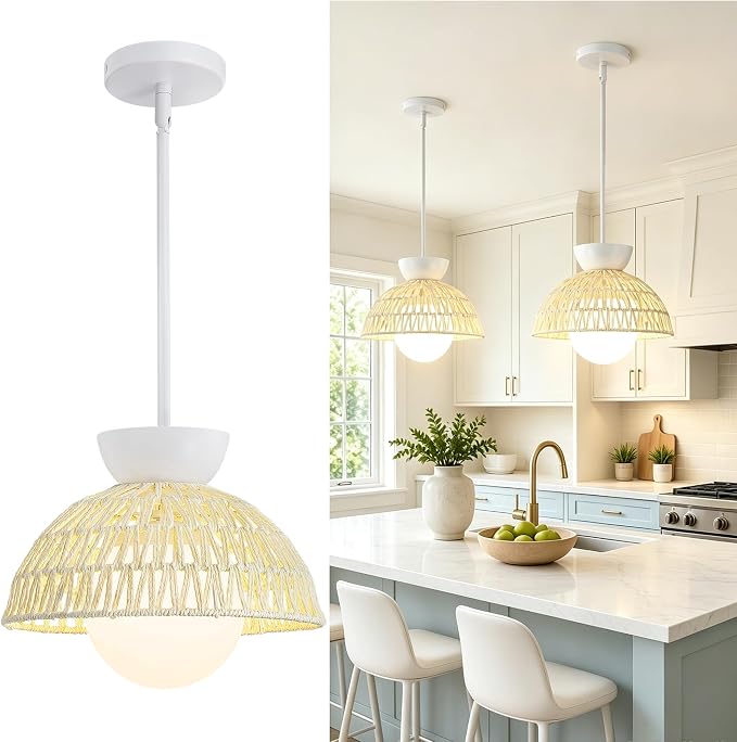AIJIASI Rattan Pendant Light, 11.8" Hand Woven Boho Pendant Light Fixture with Milk Glass Globe, Gold Kitchen Pendant Lighting Over Island Adjustable Chandelier for Dining Room Hallway Foyer