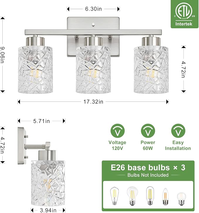 3-Light Bathroom Light Fixtures, Brushed Nickel Vanity Lights Over Mirror | Wall Sconces with Clear Textured Glass Shades for Living Room Bedroom Hallway,E26 Base (Bulbs Not Included)