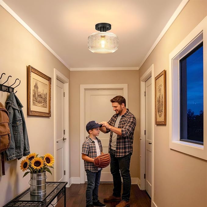 DSMJFU Semi Flush Mount Ceiling Light, Vintage Small Ceiling Light Fixture, Thickened Glass Hallway Lighting Fixture, Black Kitchen Ceiling Mount Light for Entry Way, Bedroom, Bathroom, Porch