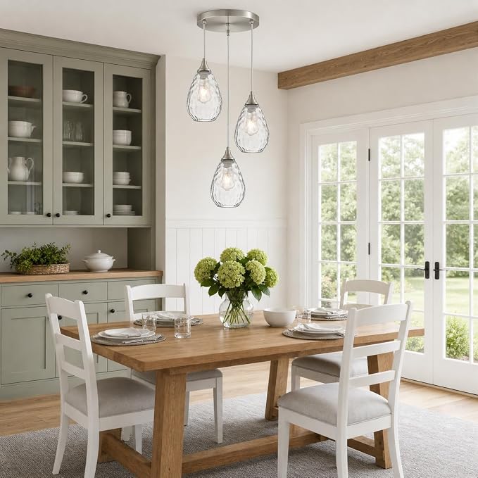 Brushed Nickel Dining Room Chandelier Light Fixture Over Table, Modern 3-Light Pendant Lighting with Hammered Glass, Cluster Hanging Lights for Kitchen Island Dining Room