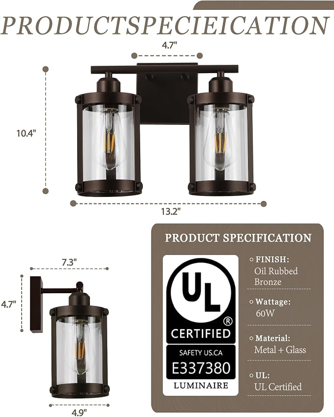 2-Light Oil Rubbed Bronze Bathroom Light Fixtures, 13.8 Inch Modern Bathroom Vanity Lighting Fixtures Over Mirror with Clear Glass and Metal Cage Wall Sconce Lights for Bath, OS-3014ORB-2W