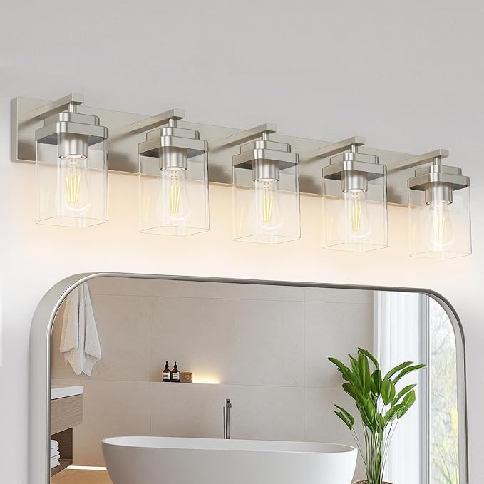 Brushed Nickel Bathroom Light Fixtures, 5 Lights Bathroom Lighting Fixtures Over Mirror, Square Design & Rectangle Large Backplate, Modern Vanity Lighting Fixtures, for Living Room/Bedroom