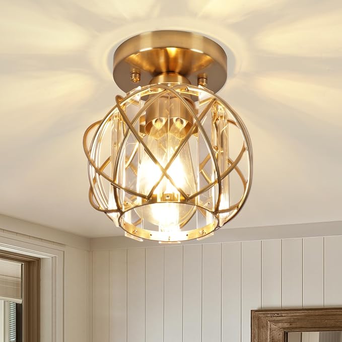 Hallway Light Fixtures Ceiling,Semi Flush Mount Ceiling Light Fixtures Gold Metal Cage Indoor Modern Ceiling Lights for Bedroom Room Hallway Bathroom Entryway Kitchen