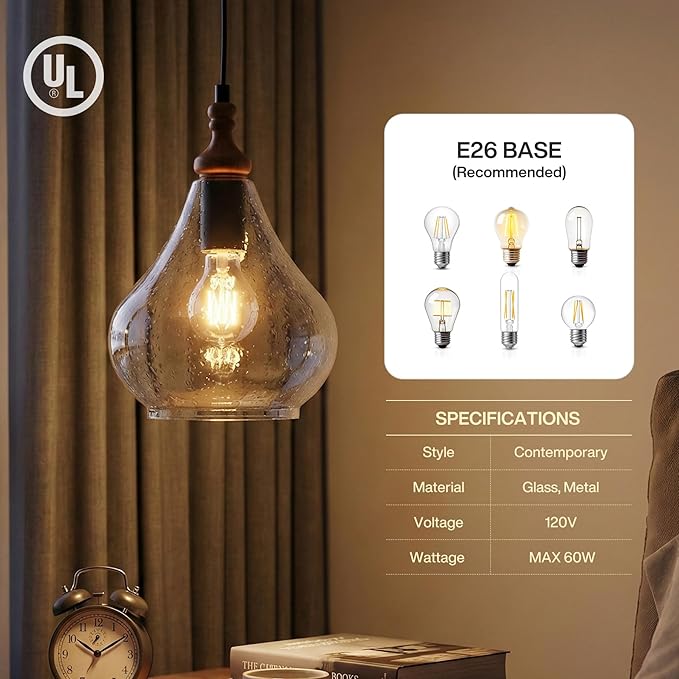 Farmhouse Teardrop Pendant Light for Kitchen Island, Brown Pine Wood and Seeded Glass Shade Hanging Light Fixture, Adjustable Cord, Rustic Dining Room, Coffee Shop and Bar Pendant Lighting (3 Packs)