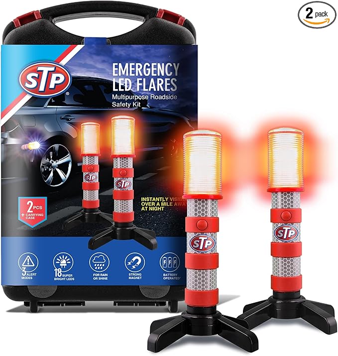 XTREME STP LED Road Flares, 3 Alert Lighting Modes: Flashing Red, Solid Red & White Flashlight, Emergency Flares for Vehicles, Visible From Up To A Mile, Foldable Stand/Built-In Magnet Sticks To Car