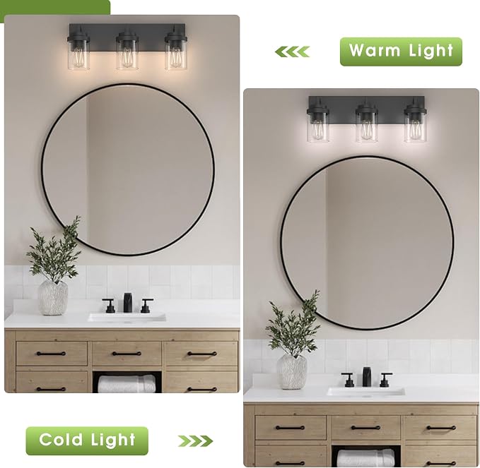 Bathroom Vanity Light, 3 Light Matte Black Vanity Lights with Clear Glass Shade, 22in Modern Wall Sconces, Bathroom Lighting Fixtures Over Mirror for Living Room