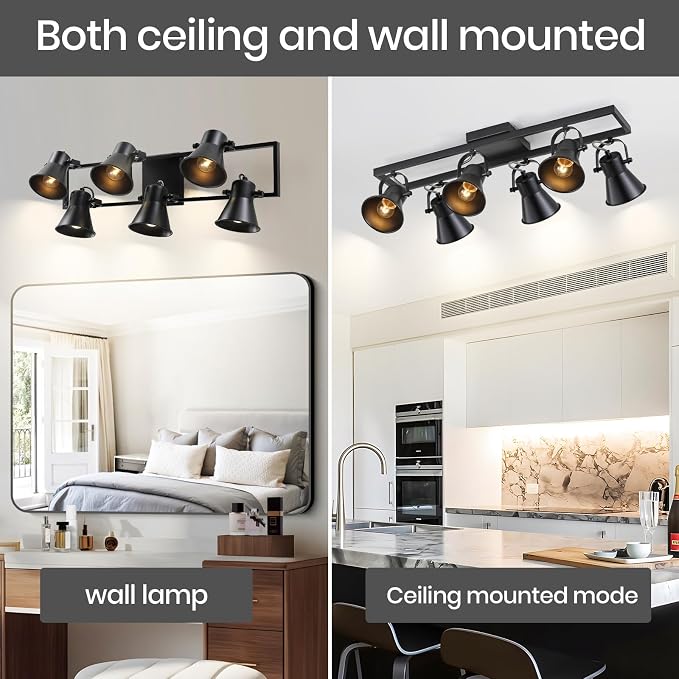 KEESFU Modern Kitchen Track Lighting Fixtures Ceiling,Black 6 Light Track Lighting with Rotatable Light Heads,Industrial Ceiling Spotlight for Kitchen Living Room Laundry Entrance.
