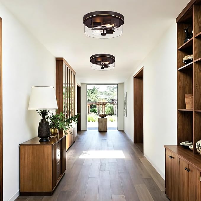 Flush Mount Ceiling Light Fixtures, 2-Light Oil Rubbed Bronze Ceiling Mount for Farmhouse with Clear Glass Lampshade, Industrial Flush Mount Light Fixture for Hallway, Kitchen, Entryway and Foyer