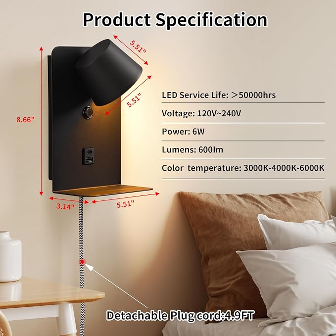 DEC LUCE DECOLUCE LIGHTING Modern LED Plug in Wall Sconce, Dimmable Wireless Wall Light Fixtures with Shelf and USB Port, 6W,600LM, Rotatable Small Reading Wall Lamp for Bedroom Bedside, Black