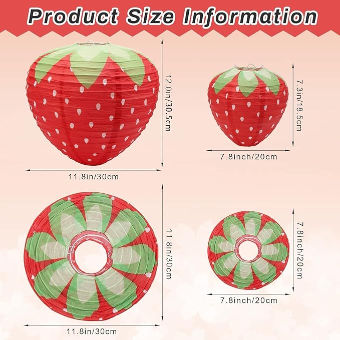 Strawberry Paper Lanterns, 8" & 12" Large Strawberry Hanging Lantern, Strawberry Hanging Decorations for Fruit Theme Birthday Party Decor(6 Pcs, Red)