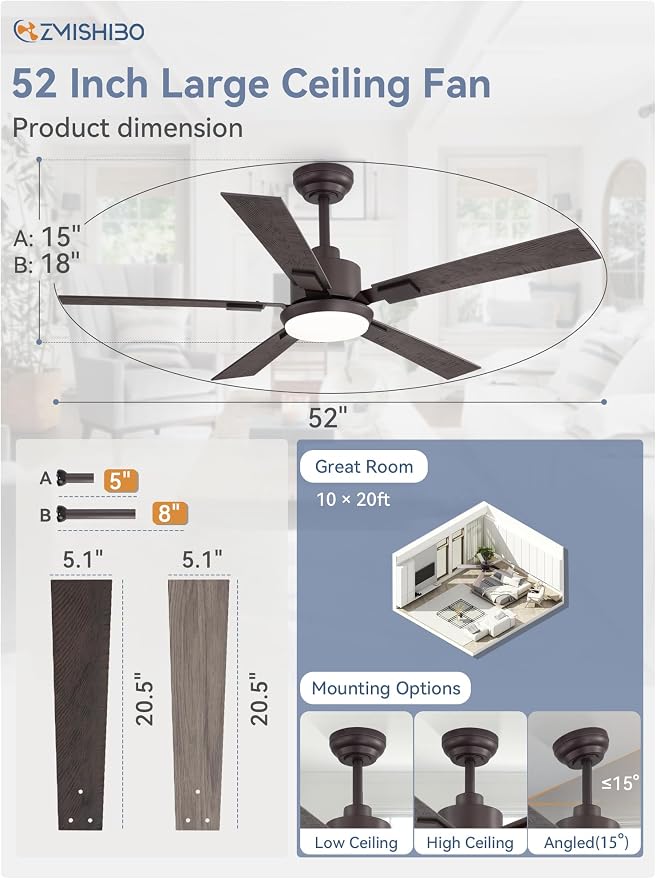 ZMISHIBO 52” Farmhouse Ceiling Fan with Light, Remote Control, Oil Bronze | High CFM Powerful Airflow, Quiet DC Motor, 3 CCT LED, Indoor/Covered Outdoor, Dual-Finish, Damp Rated, Rustic