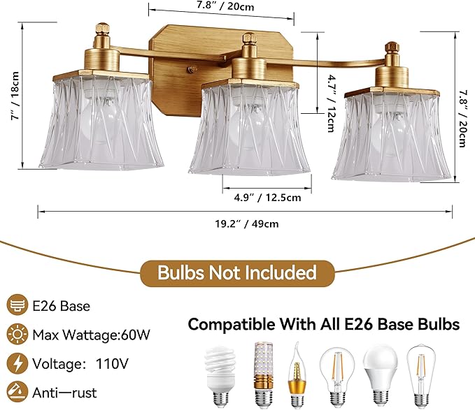 Gold Bathroom Vanity Light Fixture, 3-Light Vanity Lights for Bathroom , Matte Antique Brass Finish, with a Square Crystal Glass Shade, Vintage Bathroom Lighting Fixture over Mirror (Gold, 3 Light)