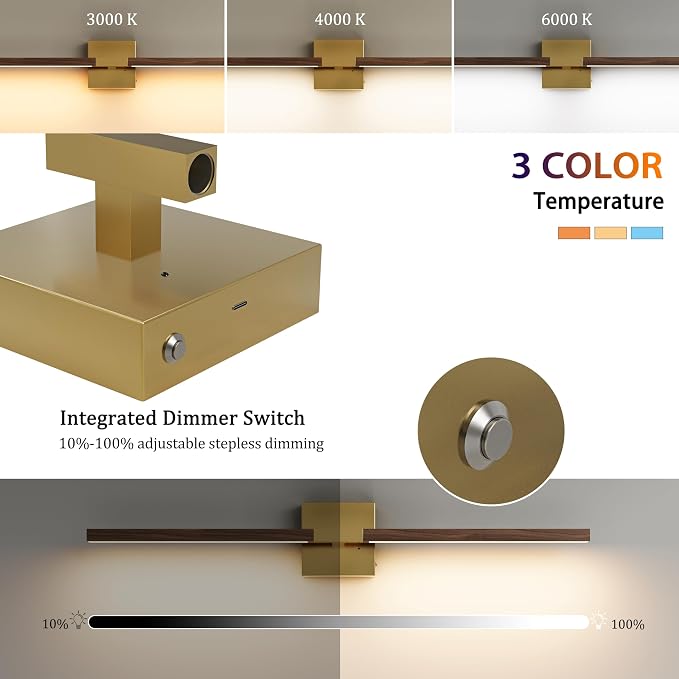Rayogale Gold & Walnut Battery Operated Wall Sconce with Remote Control | 3000K-6000K Dimmable 8000mAh Wireless Rechargeable Wall Sconces Set of 2 with Timer for Living Room Bedroom Stairwell 32 Inch