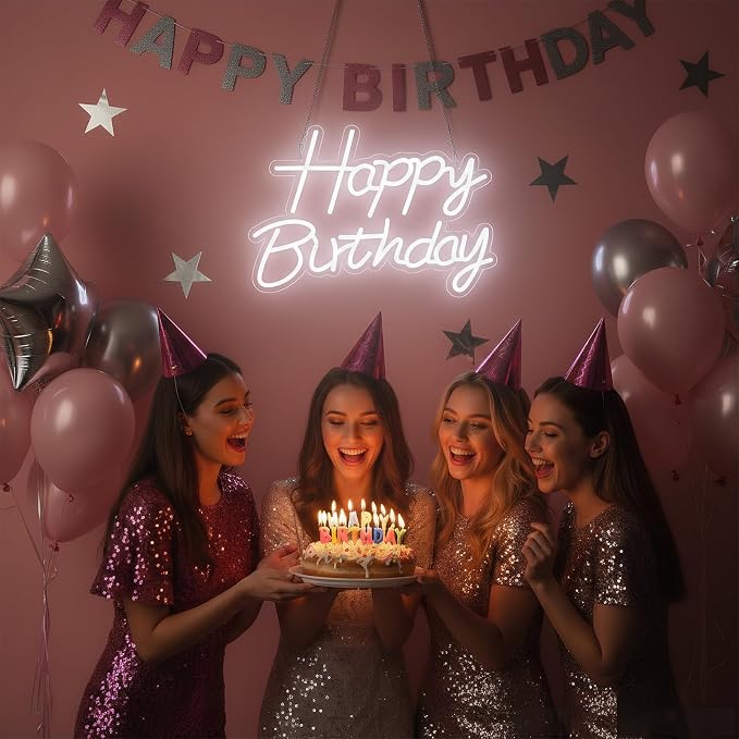 Happy Birthday Neon Sign for Backdrop, LED Happy Birthday Light Up Sign, USB Powered Dimmable Neon Light for Birthday Party Decorations, Wall Decor, White, 16.5 x 12 inch