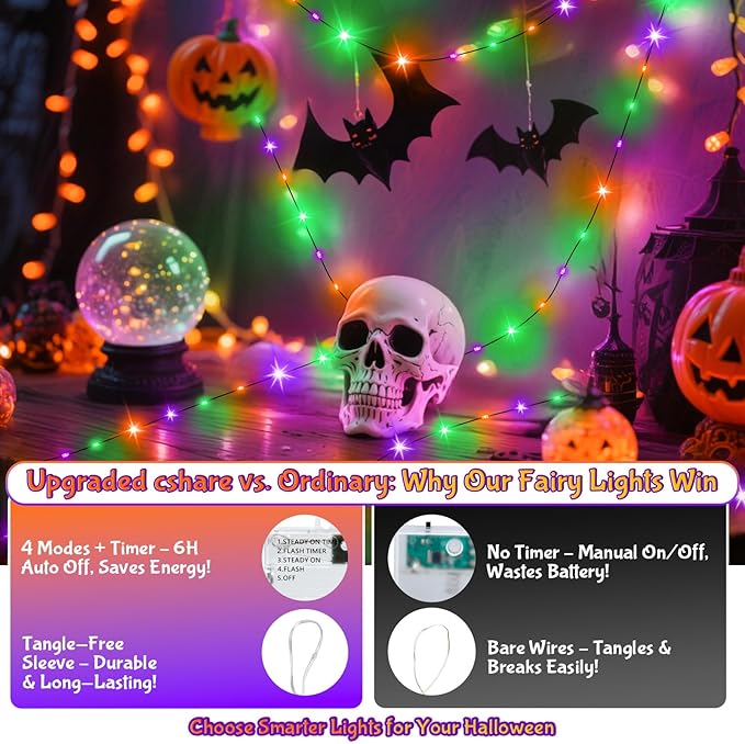 Orange Purple Green Fairy Lights Battry Operated with Timer, Halloween String Lights for Outside 16.4ft 50LED Indoor Outdoor Halloween Decorations Garland Party Patio Garden Yard 2 Packs