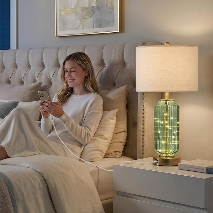 24.5" Bedside Table Lamps Set of 2, Green Glass Nightstand Lamps with USB A+C Charging Ports and Night Light, Gold Modern Lamps for Bedroom, Living Room, End Table (2 Bulbs Included)