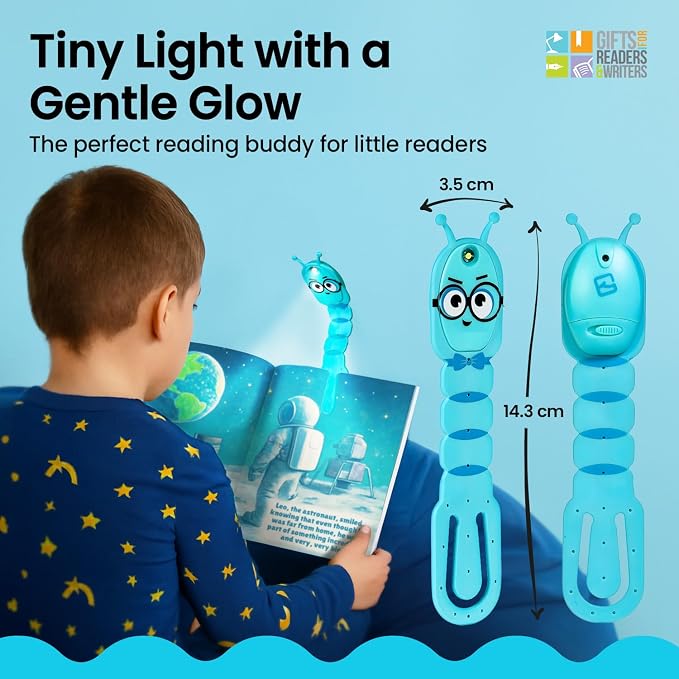 Gifts for Readers & Writers Book Light for Kids, Clip On Reading Light for Bed, 2in1 Flexilight Pals & Bookmark, Small & Lightweight with a Soft Glow, 2 Batteries Included, Bookworm Teal