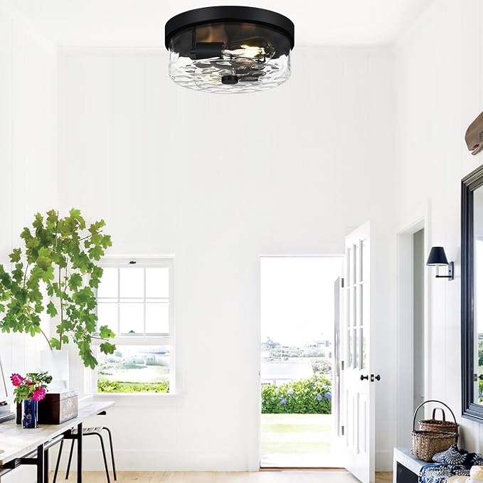 szzgco Flush Mount Ceiling Light Fixtures, 2-Light Black Ceiling Mount for Farmhouse with Water Ripple Glass Lampshade, Industrial Flush Mount Light Fixture for Hallway, Kitchen, Entryway and Foyer