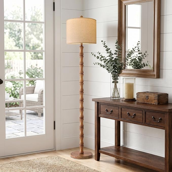 62" Farmhouse Floor Lamp for Living Room, Rustic Standing Lamp with Linen Shade and Rotary Switch, Resin Corner Floor Lamp for Bedroom, Dining Room, Office, Home Decor, Wood Grain
