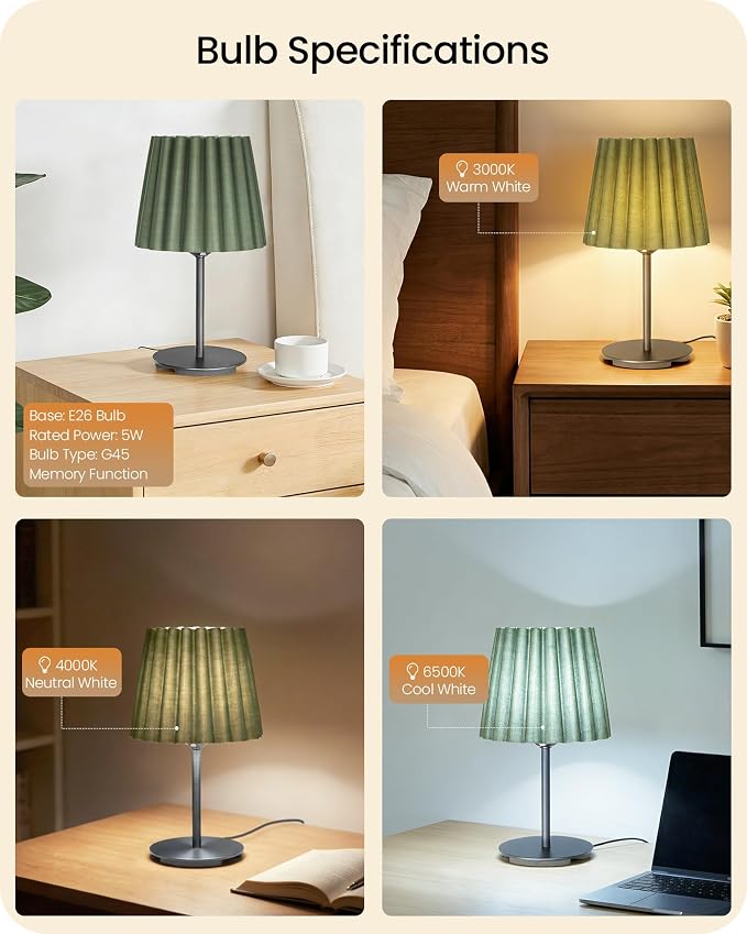 Small Bedside Table Lamp, Dimmable Table Lamp with 3 Adjustable Color Temperatures, Nightstand Lamp with a Dimmable Bulb, E26 Base, for Bedroom, Study, Desk, Green and Black J15TL05